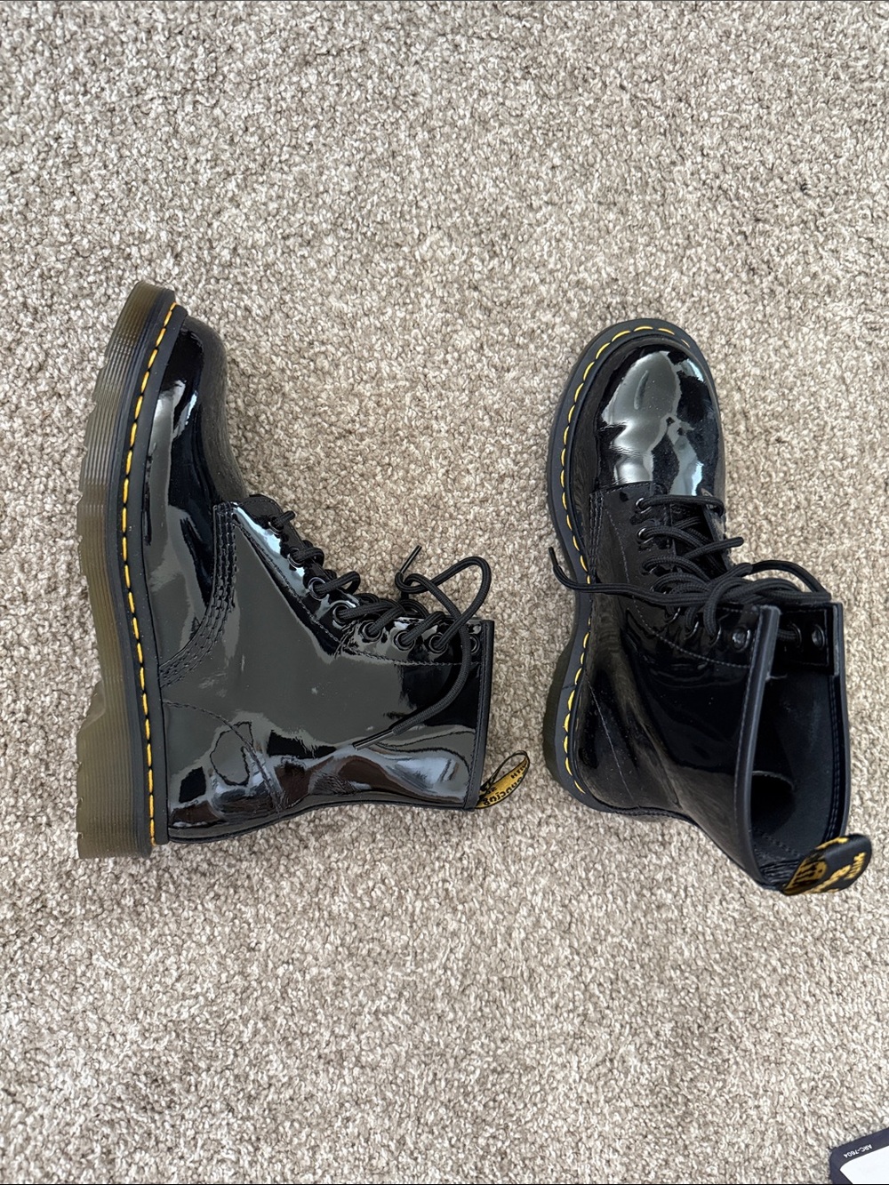 Dr. Martens Black Patent Leather Combat Boots with Yellow Stitching